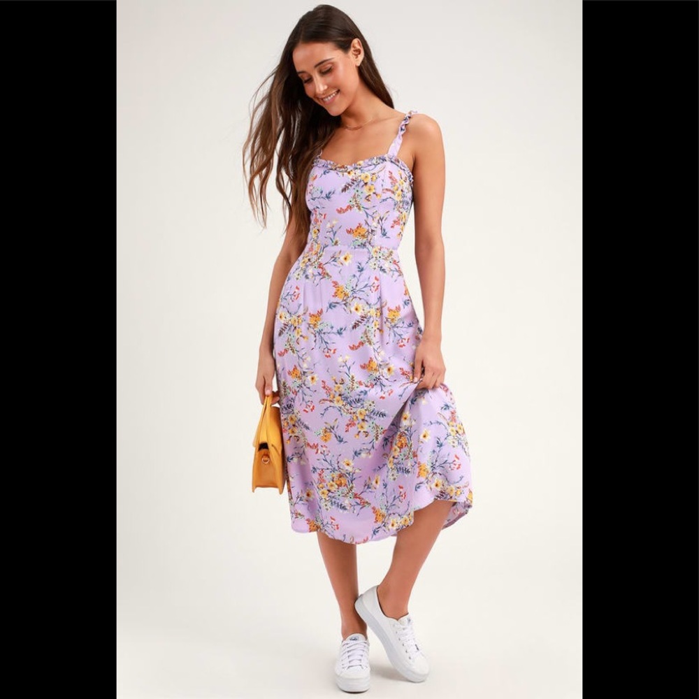 Lavender sunny meadow floral print tie back midi